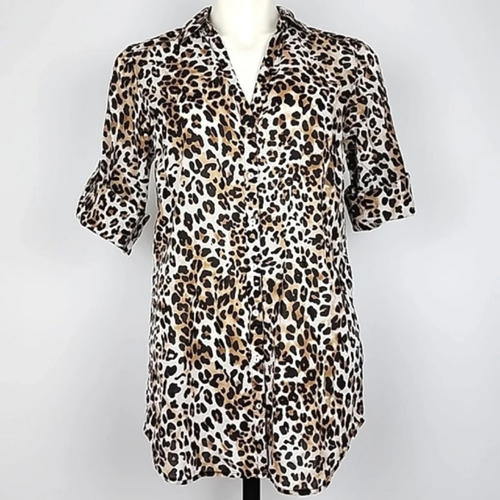 DEX Fresh Women's Cotton Long Shirt Top Leopard Print Roll Up Sleeves Size M